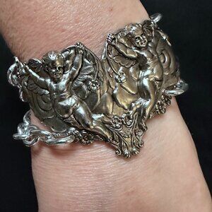 Cherub Angel Cuff Bracelet Victorian Silver Repoussé Cupid Angels Christmas Gift